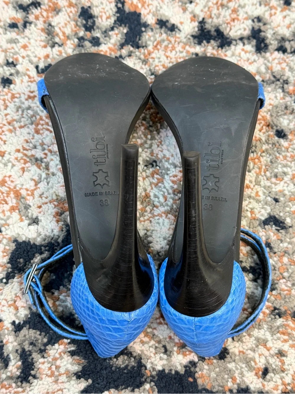 Tibi ‘Amber’ Blue Python Snake Embossed Ankle Strap Open Toe Heels Size 8